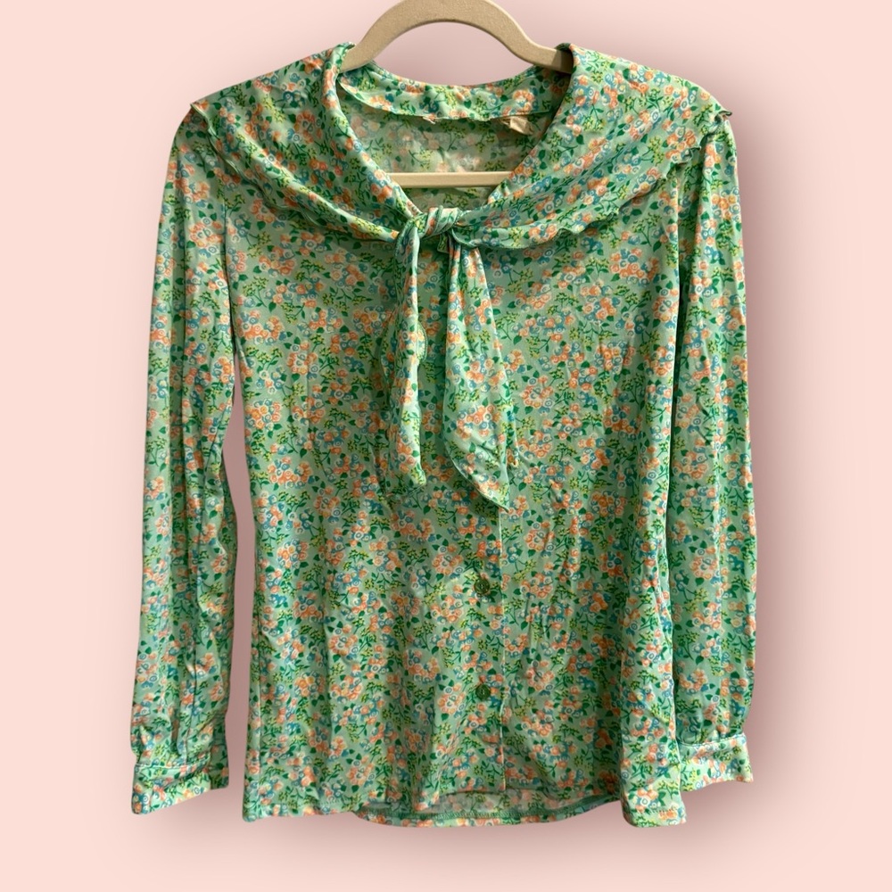 Vintage Floral Bow Blouse Green Ditsy Print Tie Neck Top Cottagecore